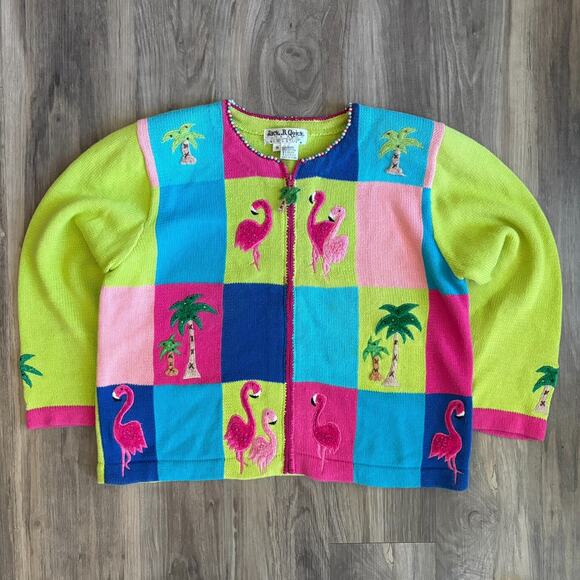 Vintage Jack B. Quick Cardigan Size M Embellished Flamingos Zip Up Embellished - Picture 1 of 8